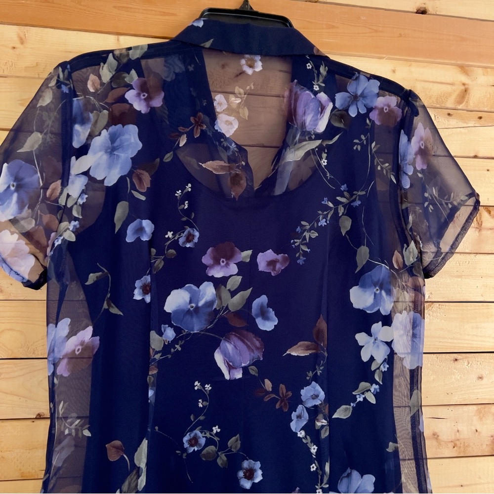 Vintage EnFocus Studio Navy Blue Floral Print Sheer Maxi Shirt Dress Set Size 6 - Picture 5 of 14